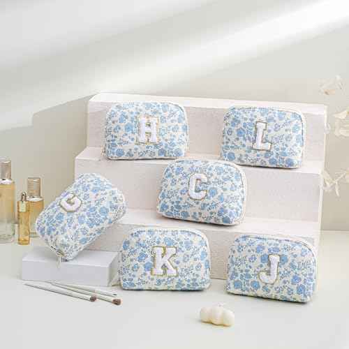 JOVAKIT Conch Alphabet Makeup Bag Cosmetic Bag for Women, Christmas Gifts for Women Girls, Blue Floral Coquette Travel Bag, Zipper Make Up Pouch Organizer Trendy Stuff (Blue Floral B)