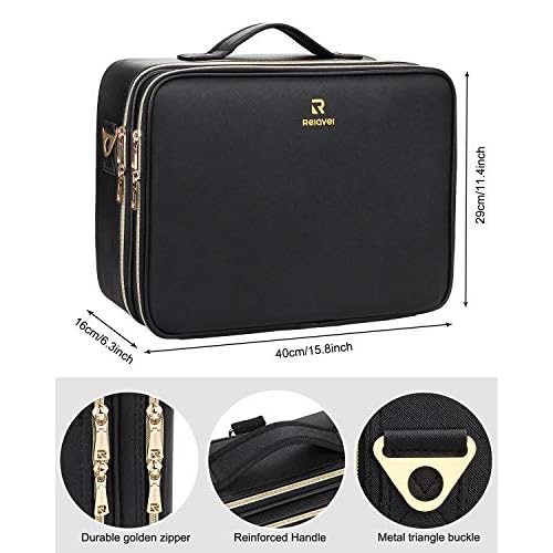 Relavel Makeup Case Large Makeup Bag Professional Train Case 16.5 inches Travel Cosmetic Organizer Brush Holder Waterproof Makeup Artist Storage Box, Large Capacity (Leather Black)