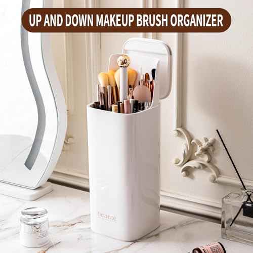 Makeup Brush Holder Organizer, One Touch for Open, Dustproof Make Up Organizer with Lid for Vanity Bathroom Countertop,White