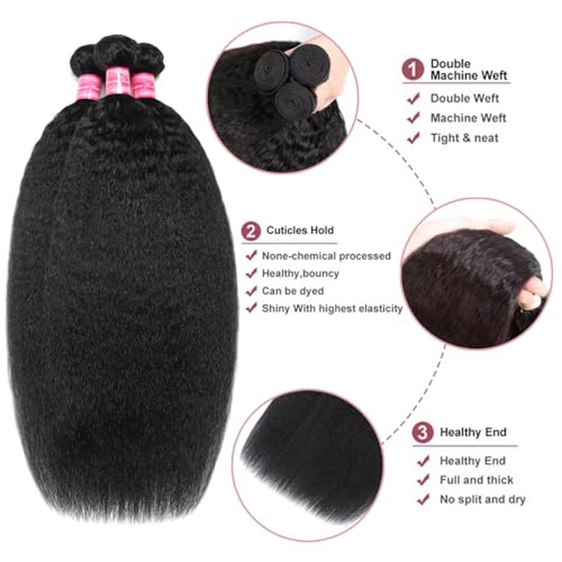 Kinky Straight Human Hair Bundles 20 22 24 Inch Yaki Straight Human Hair 3 Bundles Kinky Straight 12A 100% Unprocessed Brazilian Virgin Remy Human Hair Extension For Black Women