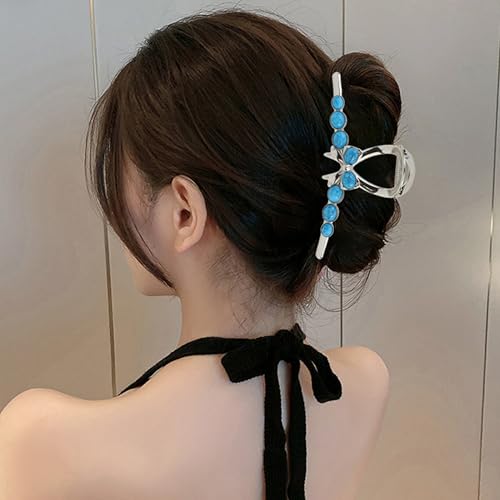 SINIDE Turquoise Blue Stone Hair Claw Clips, Large Metal Retro Bowknot Claw Clip for Women Strong Hold Non-Slip Catch Barrette Jaw Clamp for Long Thick Hair, Fashion Styling Accessories (2 Pack)