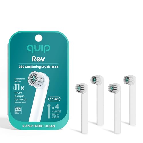 quip Rev 360 Oscillating Electric Toothbrush Heads - 4 Pack - Verified quip Brush Head Refills for Oscillating Toothbrushes - Soft Bristles, Dual-Length, Compact - Last 3 Months Each - White