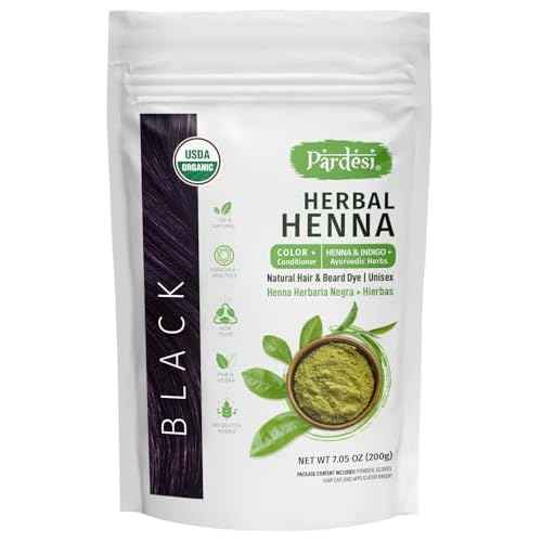 Pardesi Hair Henna Powder Black Color I USDA Organic I 7.05 oz (200 Gram) | Natural Hair & Beard Dye I Unisex I Amonia and PPD Free I Includes Gloves, Hair Cap and Applicator I From India
