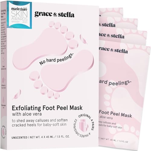 grace & stella Award-Winning Foot Peeling Mask - Foot Peel Masks with Aloe Vera- Moisturizing Foot Masks That Remove Dead Skin, Exfoliating Foot Mask for Dry Cracked Feet (4 Pairs, Unscented)