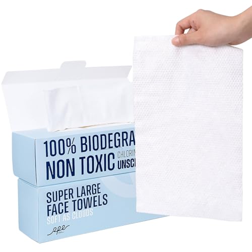 Clean XL Disposable Face Towels 11.8"¡¿7.8", 100% Biobased Biodegradable Viscose, Ultra Soft & Hygienic Facial Towelettes for Makeup Removal and Skincare, Safe for All Skin Types, 120 Count, 2 Packs