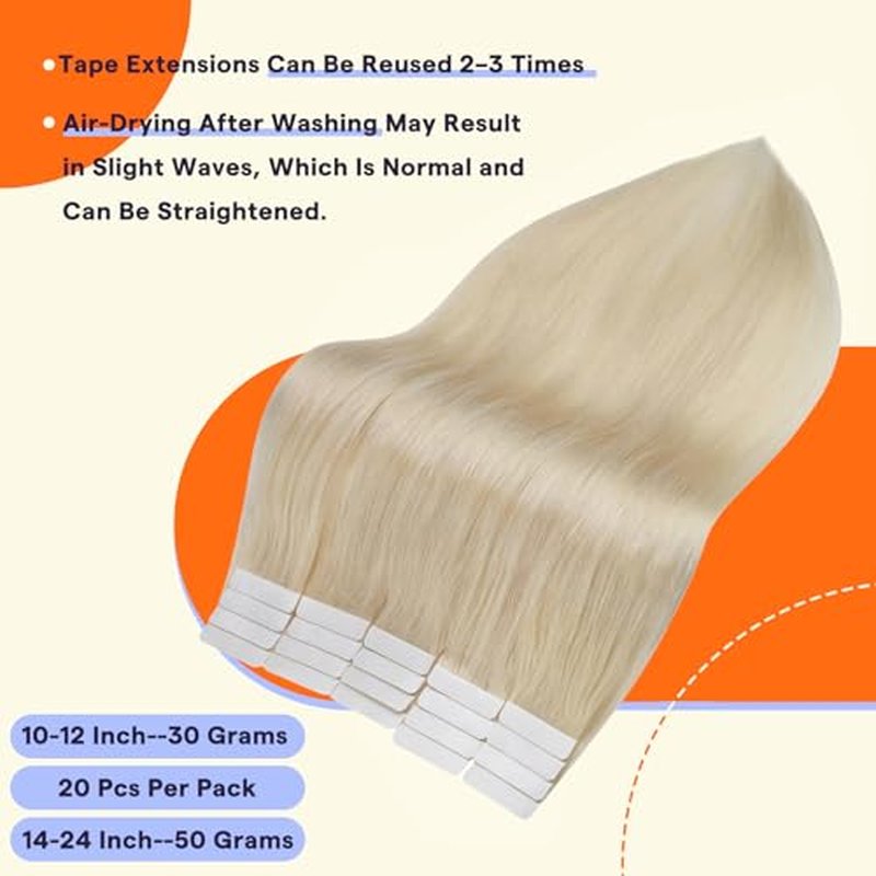 Full Shine Tape in Extensions Human Hair 24 Inch Color 60 Platinum Blonde Seamless Double Sided Tape Ins Human Hair Extensions for Thin Hair 20 PCS Invisible Brazilian 50g for Women