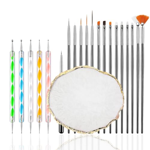 21Pcs Nail Art Design Tool Kits - 1 Resin Nail Art Palette, 5 Nail Art Dotting Pens, 15 Nail Art Brushes, Nail Polish Mixing Palette Double-Ended Dotting Pen Nail Liner Nail Drawing Brushes