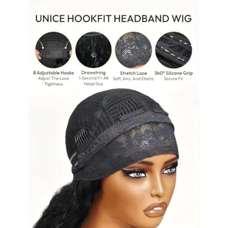 UNICE HookFit Water Wave Headband Wig Human Hair with Drawstring No-Slip Glueless Headband Half Human Hair Wig 150% Density Natural Black 16 inch