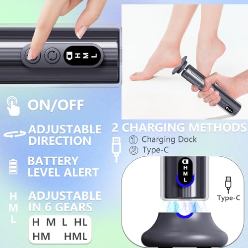 Electric Foot Callus Remover with Nano-Glass Head&Rechargeable Base,6 Speeds Cordless Electric Foot File with Digital Display,Callus Remover for Feet Dead Skin Home Spa Salon with 60Pcs Sandpaper Disk