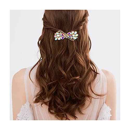 EVER FAITH Wedding Austrian Crystal Barrette Clip, Rhinestone Waterdrop Bowknot Hair Accessories for Women Iridescent AB Gold-Tone