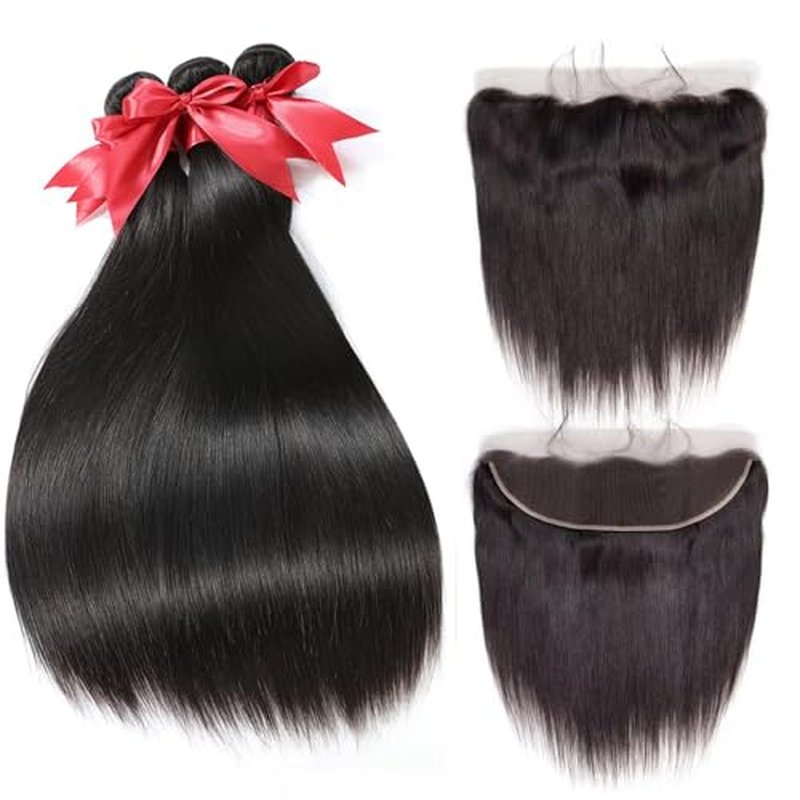 12A Straight Bundles with Frontal Human Hair 16 18 20+14 Inch Brazilian Human Hair Bundles with Frontal 100% Unprocessed Virgin Weave Hair with 13x4 HD Lace Closure