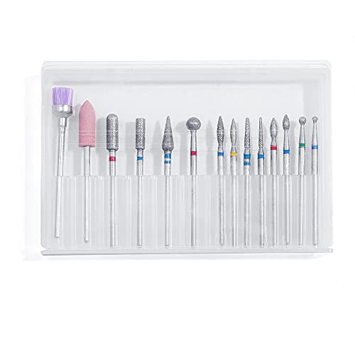 14pcs Nail Drill Bits Set, Professional Rotary Burrs Diamond Cuticle Remover Bits Kit, 3/32" Electric Manicure Nail File Bit for Acrylic Gel Nails Cuticle Manicure