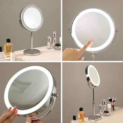 HIEEY Lighted Makeup Mirror with Magnification, 1x/10x Rechargeable 8" Lighted Mirror, 360¡Æ Rotation Touch Screen Vanity Mirror, Three Color Lighting Modes, Height Adjustable (Gift Box)