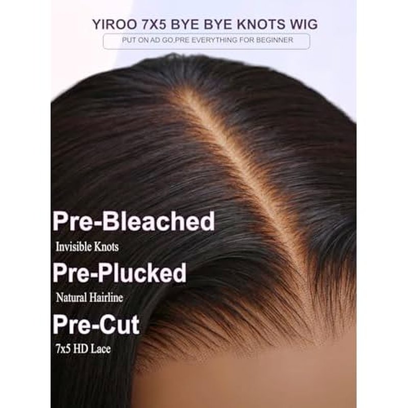 YIROO Yaki Straight Bob Human Hair Drawstring Wigs Pre Cut 7x5 HD Lace Front Wig Bye Bye Knots Glueless Yaki Short Bob Human Hair Wigs Pre Plucked Invisible Knots 150% Density Ready to Go 10Inch