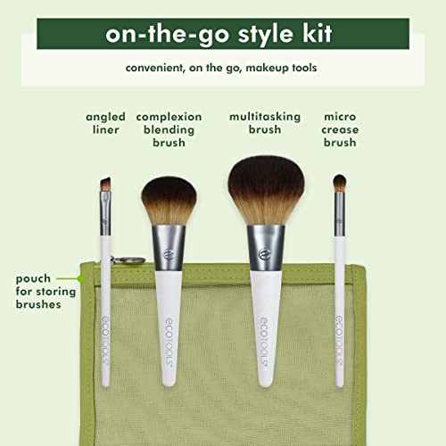 EcoTools On-The-Go Makeup Brush Kit, Travel-Friendly Brush Set, Mini-Size Makeup Tools for Powders, Blush, Bronzer, & Eyeshadows, Eco-Friendly, Synthetic Bristles, Cruelty-Free & Vegan, 5 Piece Set