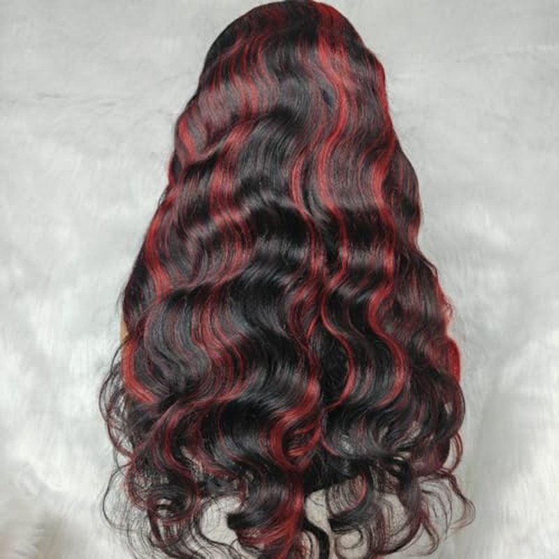 Red Highlight Body Wave Lace Front Wig 13x4 Transprent HD Lace Frontal Wig Brazilian Human Hair Wigs Pre Plucked Remy Wine Red Ombre Hair 180% Middle Deep Parting Virgin Hair Wigs for Women