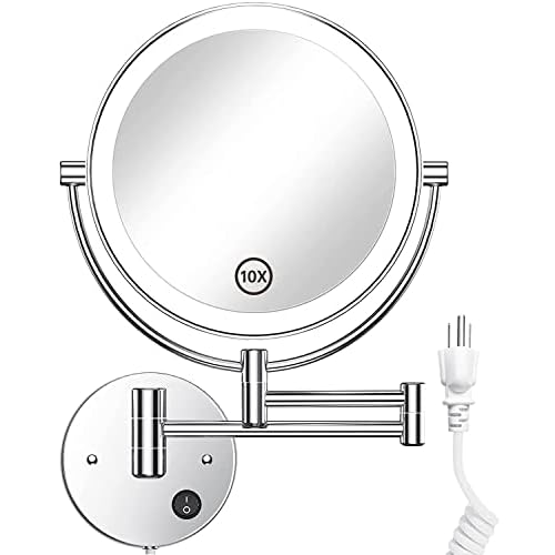 Gospire 8.5" Wall Mounted Lighted Magnifying Mirror, 1X/10X Double-Sided Magnification Round LED Cosmetic Vanity Bathroom Mirror Extendable Arm 360¡Æ Swivel for Shaving Makeup