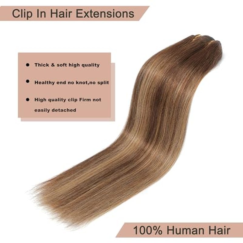 Clip In Hair Extensions Real Human Hair 24Inch 120g 100% Remy Human Hair Extensions Clip Ins Invisible Seamless Straight Human Hair Clip In Extensions 7pcs Double Weft #4/27