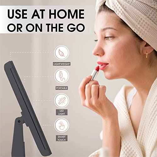 Beautyworks Backlit Makeup Vanity Mirror 36 LED Lights Touch-Screen Light Control, Tri-Fold 1/2/3X Magnification, Portable High-Definition Cosmetic Magnifying Personal Makeup Mirrors (Midnight Black)