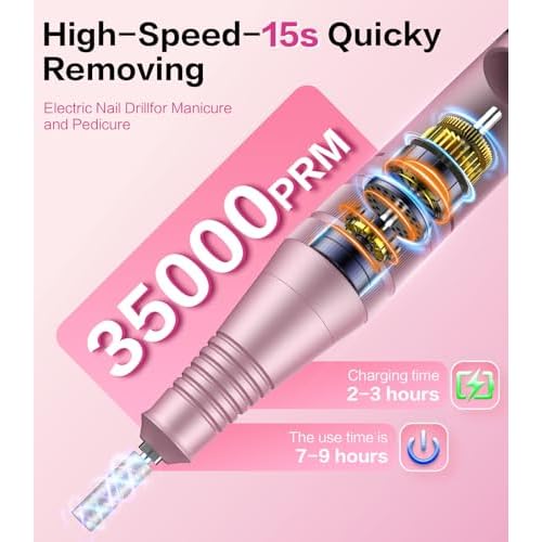 Professional Electric Cordless Nail Drill File with 11 Nail Drill Bits, 35000RPM DIY Glitter e Filer for Nails Kit Machine for Acrylic Nails Gel Polishing for Manicure Salon Home