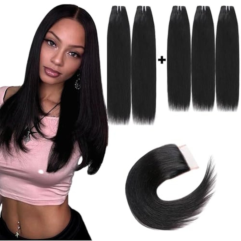 10A Brazilian Virgin Human Hair Extensions - 14-16 Inch Short Straight Hair Bundles - 5 Bundles With Closure - 100% Unprocessed Natural Color - 50g/Pcs