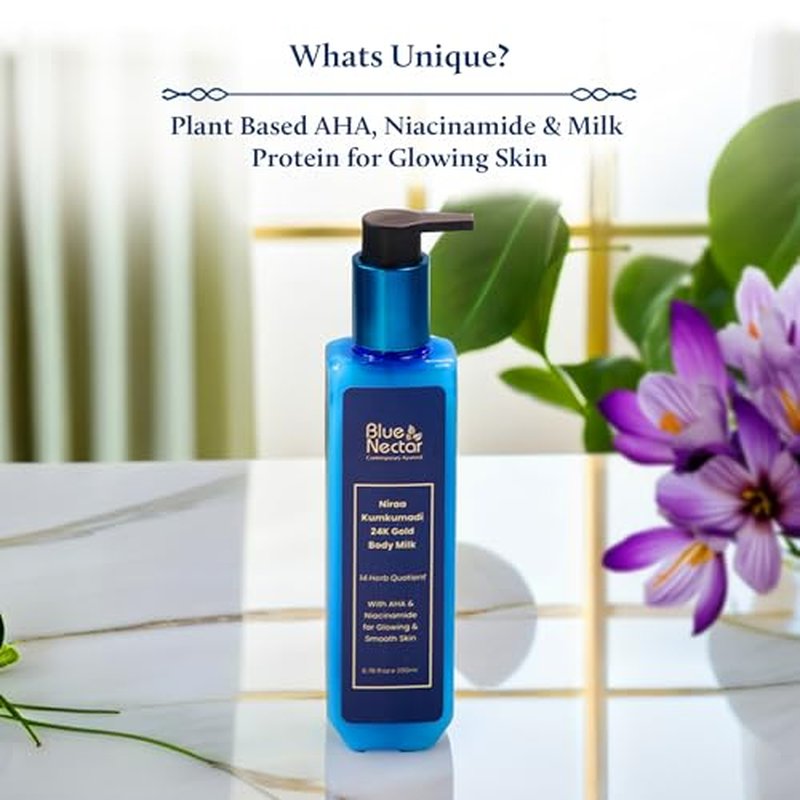 Blue Nectar 24K Carat Gold Body Milk for Women & Men | Body Lotion with Plant Based AHA & Niacinamide | Moisturizer for Body | All Skin Types (14 Herbs, 3.38 Fl Oz)