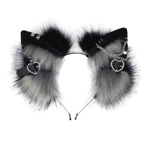 Furry Cat Ears Headband Punk Gothic Heart Clips Animal Ears Hair Hoop for Halloween Cosplay Costume Party