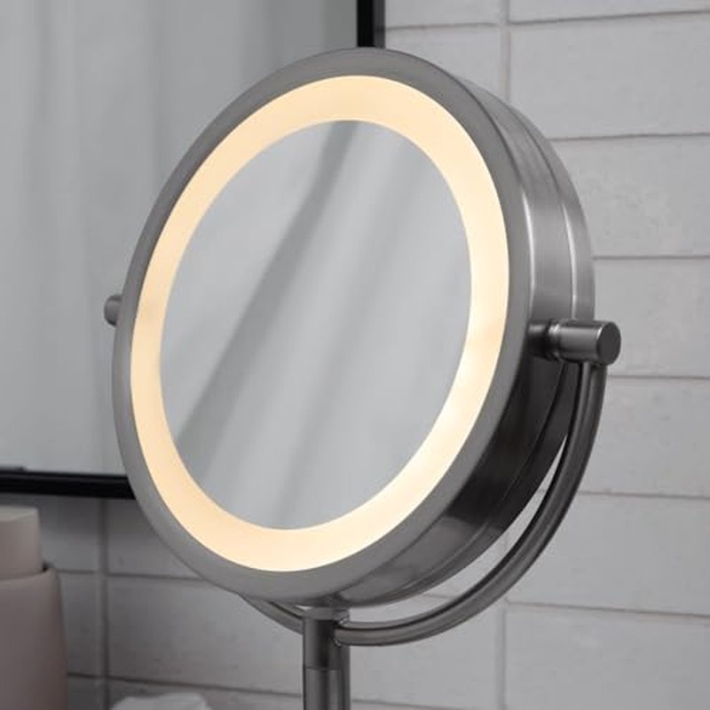 JERDON Lighted Tabletop Mirror with 10X/1X Magnification - LED Lighted Makeup Mirror with Multiple Light Settings in Nickel Finish - 8.5-Inch Diameter Vanity Mirror - Model JS8510BN