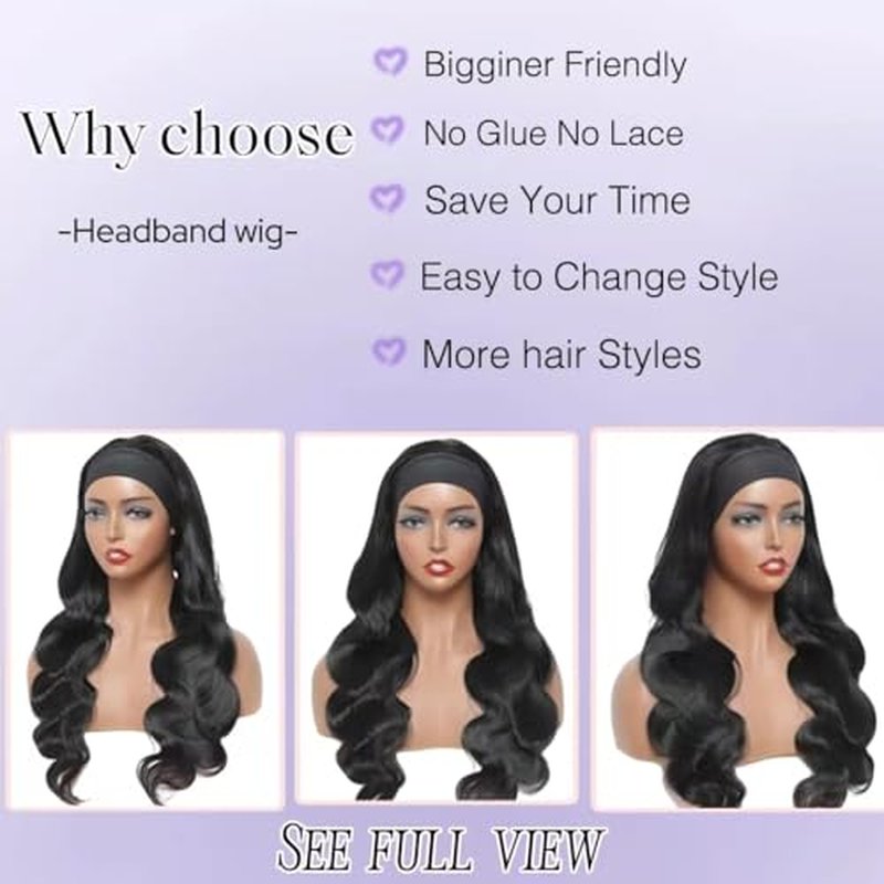 Headband Wig Human Hair Body Wave Wigs None Lace Front Wigs 100% Human Hair Brazilian Virgin 150% Density Natural Color (12inch)