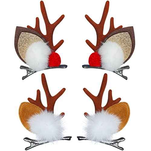 TailaiMei Christmas Hair Clip, 2 Pairs Cute Reindeer Antlers Ears Hair Accessory with Plush Ball, Christmas Hair Pins for Women Girls Kids and Party Favors