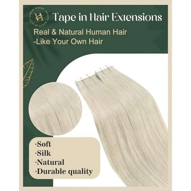 Ugeat Platinum Blonde Tape in Hair Extensions Blonde Hair Extensions for Girl Tape ins No Damage to Natural Hair for Girl Add Length for Wedding 24Inch 20Pcs 50G