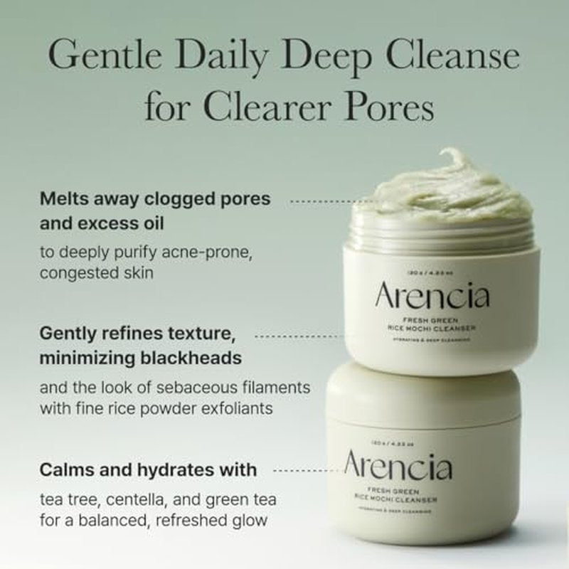 ARENCIA Korean Rice Mochi Face Cleanser - Face Wash, Gentle Scrub All in One for Deep Cleansing, Moisturizing, Pore Minimizing, Acne-Prone Skin, Removing Blackhead with Rice Water & Green Tea