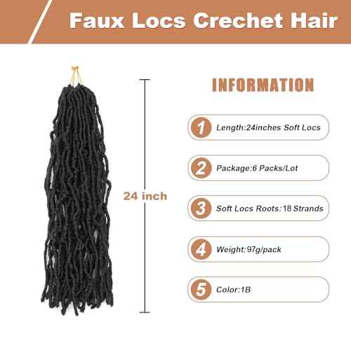 Soft Locs 24 Inch 6 Packs 108 stands Crochet Hair Faux Locs Pre-looped Super Lightweight Goddess Locs Synthetic Crochet Hair Braids For Black Women (1B, 24Inch£¨Pack of 6£©)