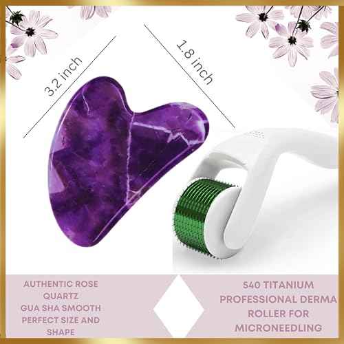 100% Authentic Amethyst Jade Roller and Gua Sha Set for face I Micro Needle I Facial Tools I Purple Guasha I Premium Quality I Mother's Day Gift. (4 PCS, Purple)