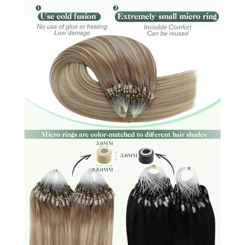 Ugeat Microlink Hair Extensions Ombre for Long Length 24 Inch Balayage Micro Bead Real Human Hair Extensions Light Brown Ombre Platinum Blonde Straight Cold Fusion with Micro Beads 50S 50S