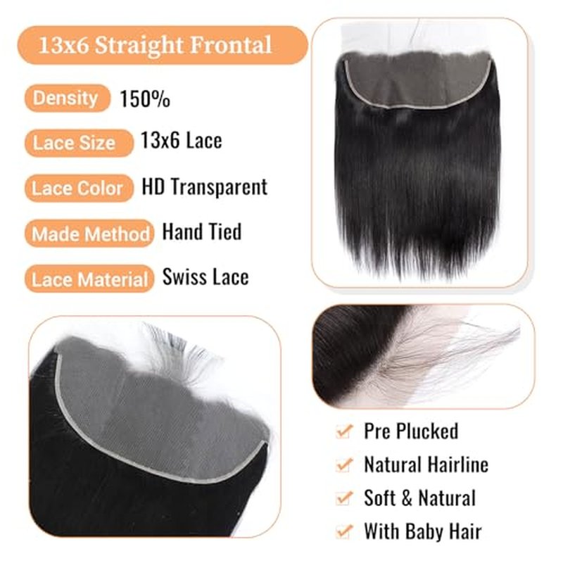 HD Lace Frontal 13x6 Transparent Lace Ear to Ear 20 Inch Straight Frontal Human Hair 100% Unprocessed Virgin Lace Closure Human Hair Pre Plucked with Baby Hair 150% Density