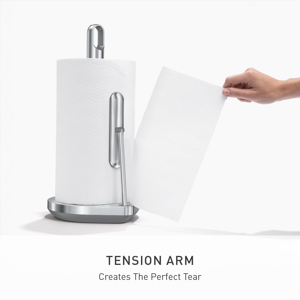 simplehuman Paper Towel Holder with Spray, All-in-One Countertop Paper Towel and Cleaner Dispenser, 6 oz Refillable Pump, One-Handed Tear, Weighted Base, Brushed Stainless Steel