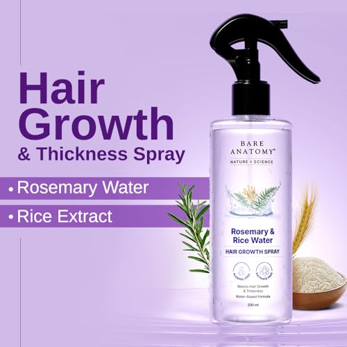 Bare Anatomy Nature x Science Rosemary Water Spray for Hair Growth & Hair Thickness with Rice Water |100% Natural Extract | Soft & Smooth Hair| Controls Hairfall| Non-Greasy & Fast Absorbing | 200ml