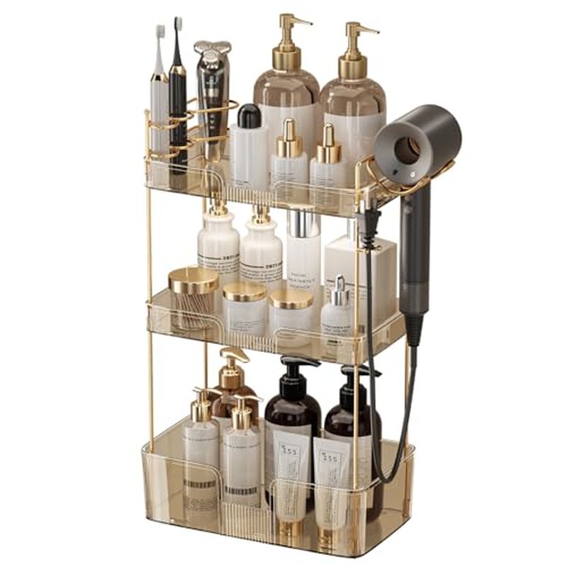 Aveniee Bathroom Counter Organizer,3 Tier Skincare Perfume Countertop Storage with Hair Dryer Rack and Toothbrush Holder, Cosmetic Makeup Tray for Vanity - Gold