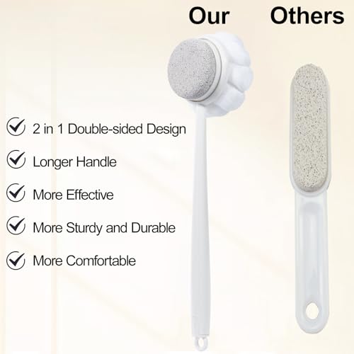 Pumice Stone for Feet and Shower Loofah with Long Handle, Hard Skin Callus Remover, 2 in 1 Foot Scrubber Brush, Back Scrubber Body Brush for Shower Deep Cleansing and Exfoliating