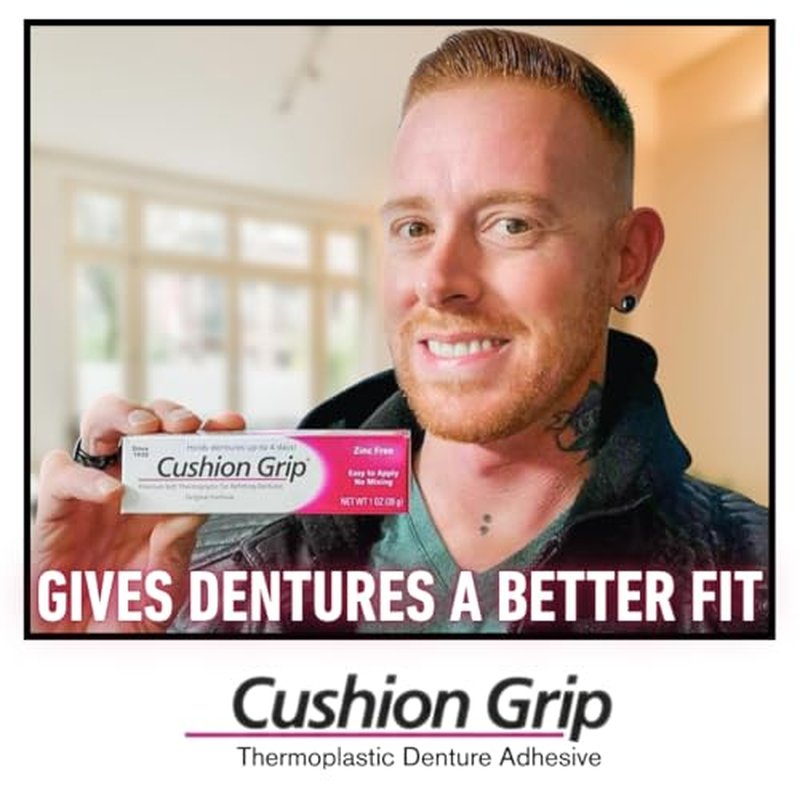 Cushion Grip Thermoplastic Denture Adhesive 1oz (10 Pack)?Extra Strong Hold Up to 4 Days, Unmatched Strength, Waterproof & Zinc Free, Relieves Sore Gums, Comfortable Refit, Long Lasting Denture Refit