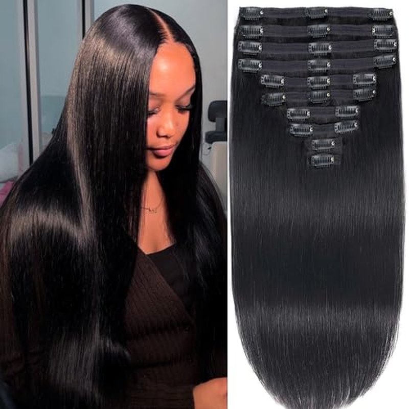 Clip in Hair Extensions for Black Women Seamless Clip in Hair Extensions 100% Unprocessed Full Head Brazilian Virgin Straight Human Hair Natural Black Color,10/Pcs with 24Clips,150 Gram (22inch)