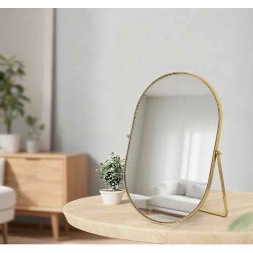 Feyarl Champagne Gold Oval Vanity Mirror 12x8 Inch Vertical Tabletop Makeup Mirror Decorative Standing Cosmetic Mirror for Bedroom Bathroom Desk Dresser