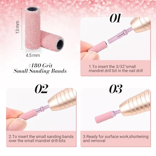 MelodySusie 50 Pcs Nail Drill Bits Small Sanding Bands with 3.1mm Mandrel Bit, 180 Fine Grit Nail File for Acrylic Nails Gel Manicures and Pedicure, Pink
