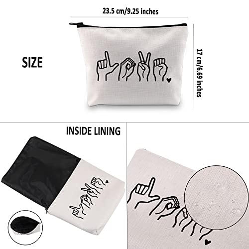 G2TUP American Sign Language Gift Love Sign Language Makeup Bag ASL Cosmetic Bag ASL Teacher Thank You Gift Deaf Community Gift Zipper Travel Bag (Love Sign Language White Bag)