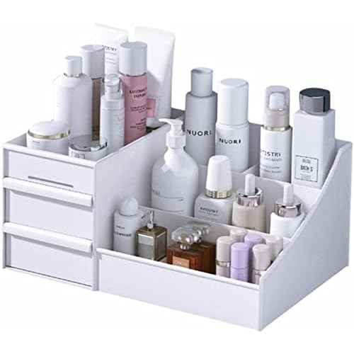 Makeup Desk Organizer with Drawers, Countertop Organizer for Cosmetics, Vanity Holder for Lipstick, Brushes, Lotions, Eyeshadow, Nail Polish and Jewelry (White)
