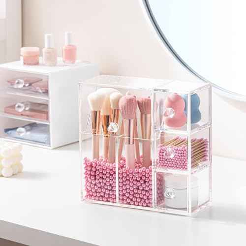 HBlife Makeup Brush Holder, Acrylic Makeup Organizer with 2 Brush Holders and 3 Drawers Dustproof Box, Free Pink Pearl Included