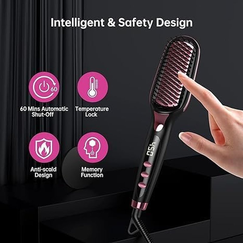 Hair Straightener Brush - 16 Heat Settings, Scald-Resistant & Auto Shut-Off | Family-Friendly Design