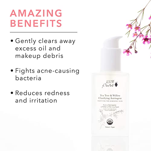 100% PURE Tea Tree & Willow Clarifying Astringent, Natural Acne Treatment, Alcohol Free, Hydrating Toner - 4 Fl Oz