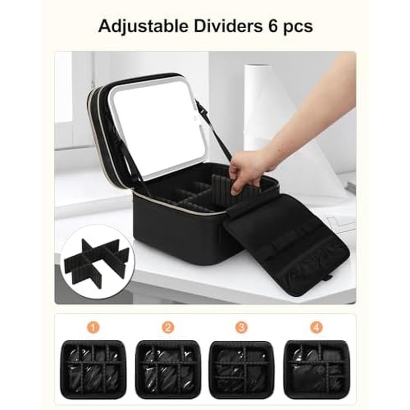 TANTO Travel Makeup Bag with LED Mirror Double Layer Makeup Case with Lighted Mirror Dual Layer Cosmetic Train Case Portable Artist Organizer Bag with Dividers and Rechargeable Vanity (Black, Small)